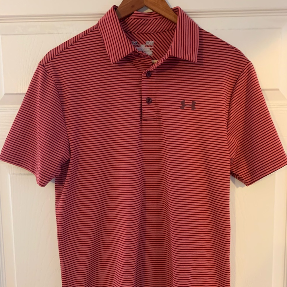 Under Armour polo Heat-gear orange w/burgundy strip small performance material